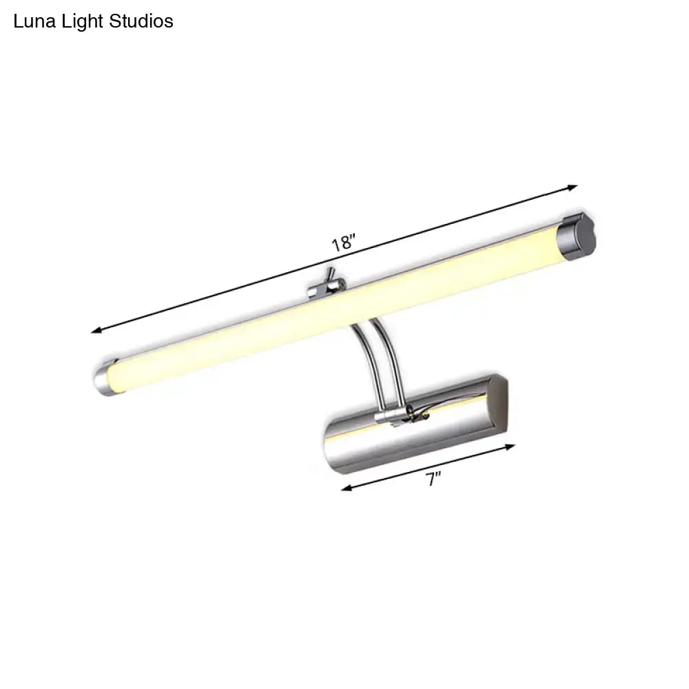 Modern chrome led indoor vanity light with tubular metallic shade and warm white illumination for bathroom wall use