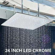 Modern chrome led rain shower head with 24-inch sleek rectangular design and integrated lighting for ceiling use