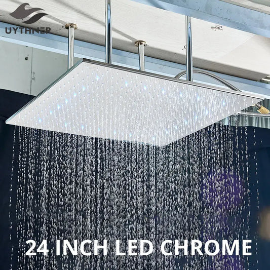 Modern chrome led rain shower head with 24-inch sleek rectangular design and integrated lighting for ceiling use