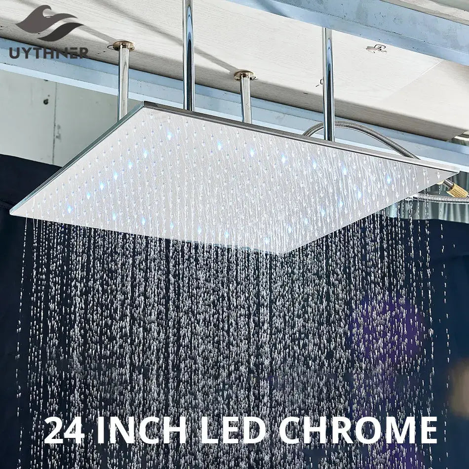 Modern chrome led rain shower head with 24-inch sleek rectangular design and integrated lighting for ceiling use