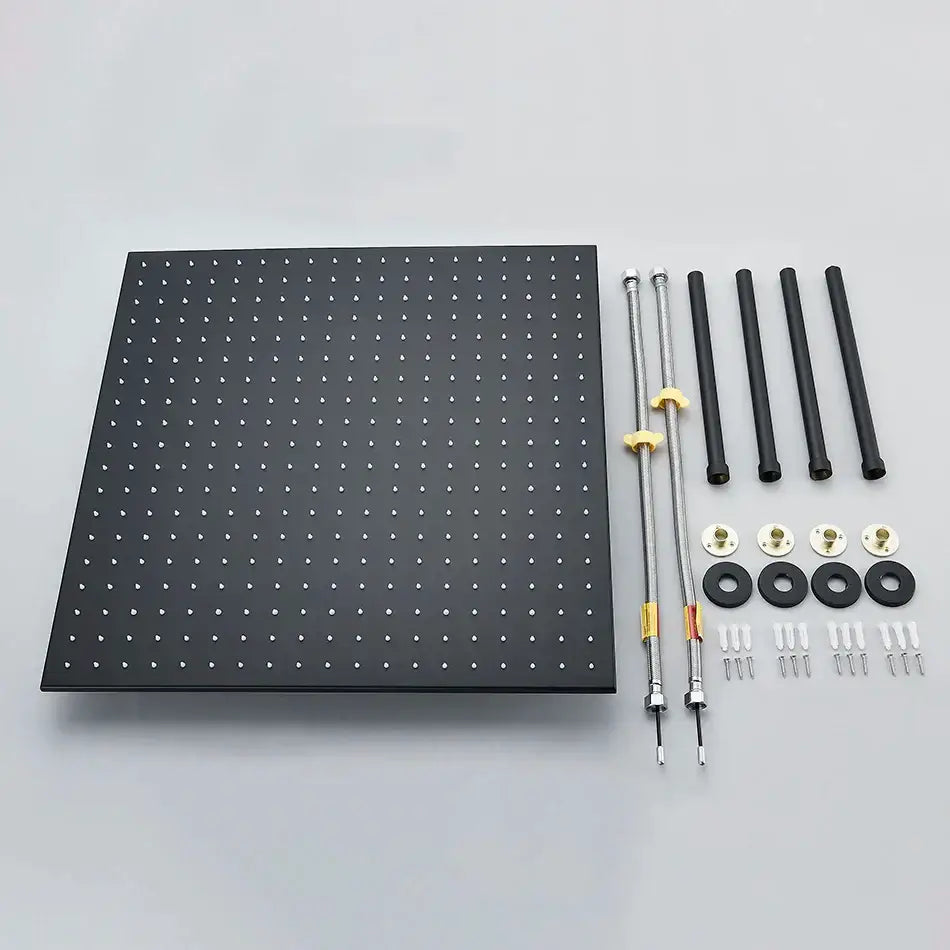 Black metal pegboard with white holes and mounting hardware for modern chrome led rain shower head installation
