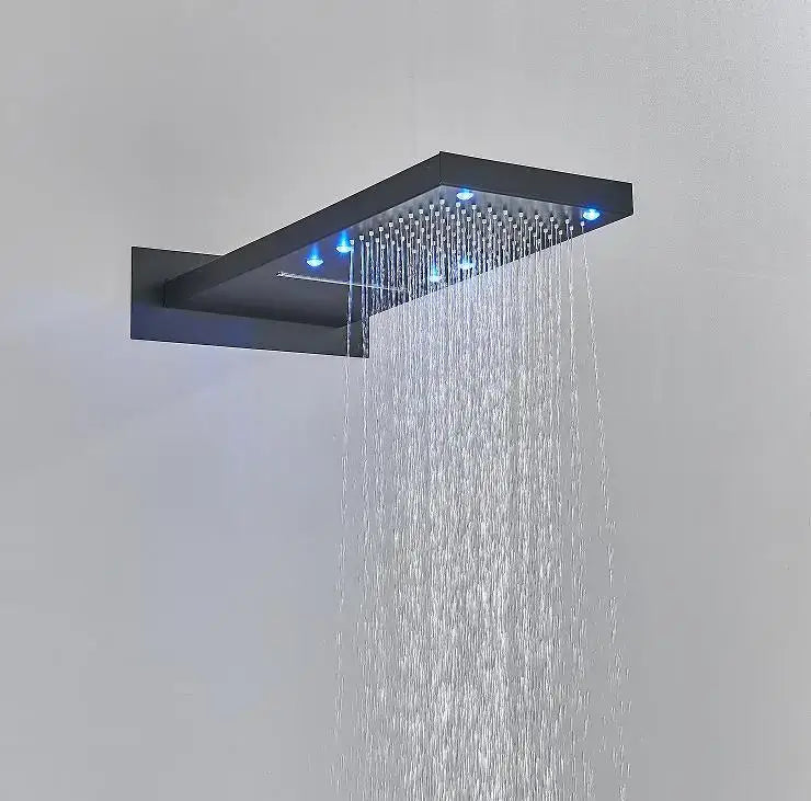 Modern chrome rain shower head with black rectangular design, blue led lights, and multiple water jets ceiling sprayer