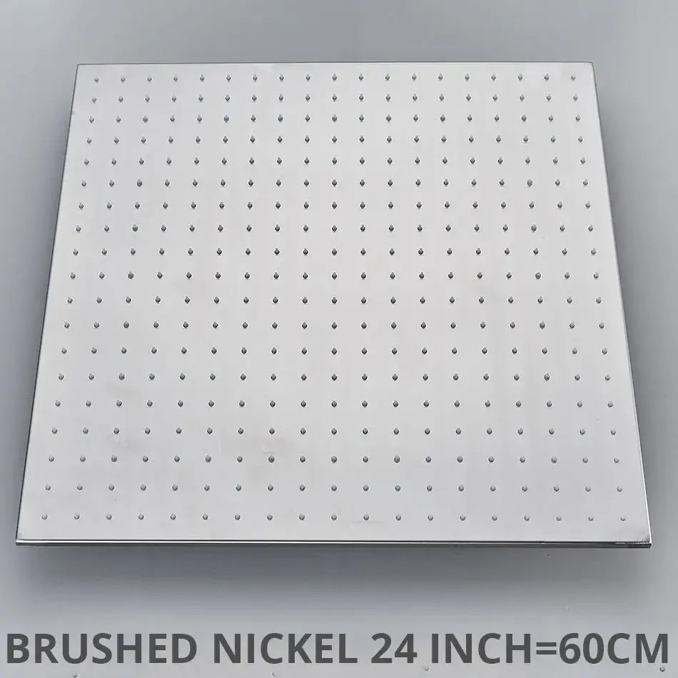 Modern chrome led rain shower head with brushed nickel 24-inch square pegboard featuring raised metal holes