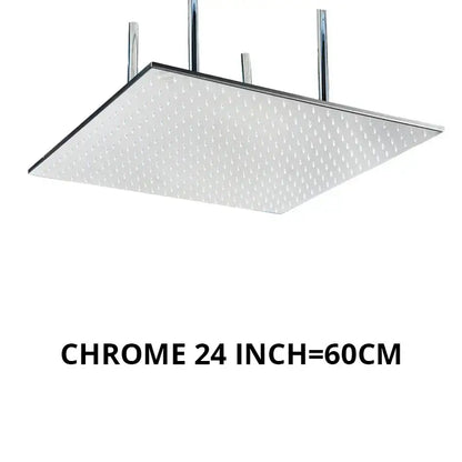 Modern chrome led rain shower head with 24-inch square perforated textured surface and sleek metallic mounting arms for ceiling installation