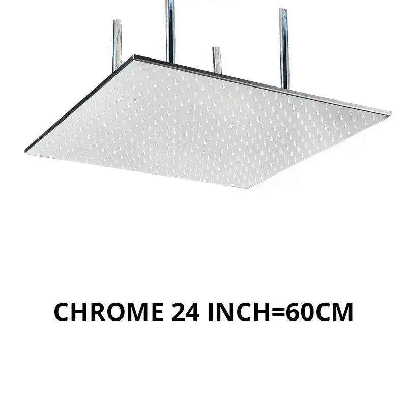 Modern chrome led rain shower head with 24-inch square perforated textured surface and sleek metallic mounting arms for ceiling installation