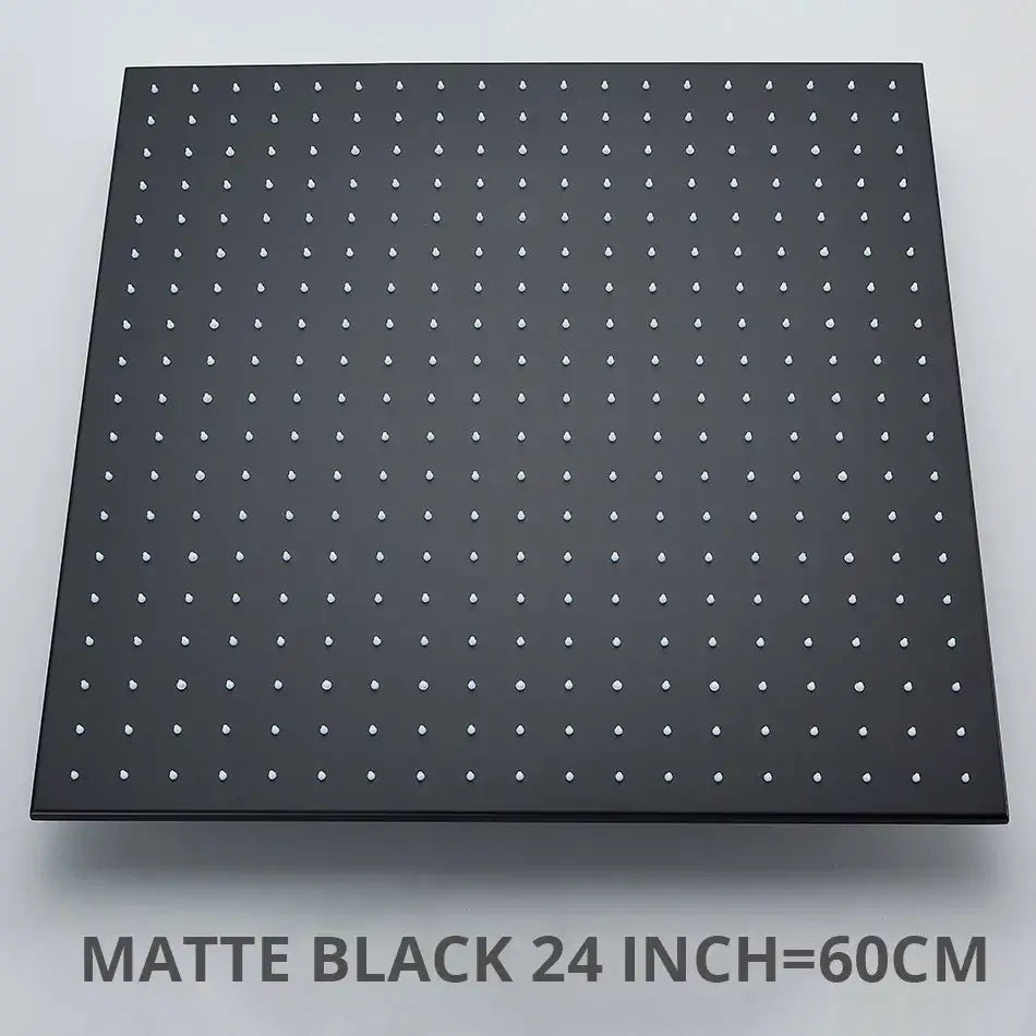 Matte black 24-inch pegboard with white dots shown behind modern chrome led rain shower head ceiling sprayer