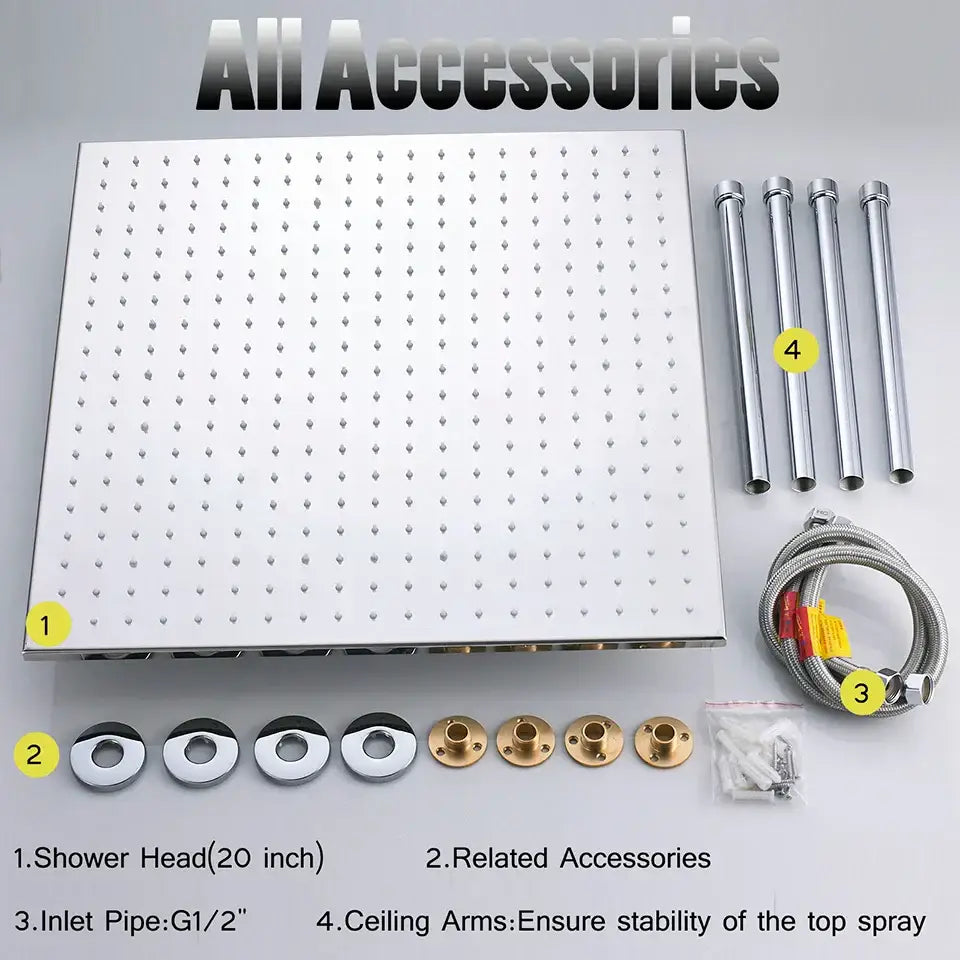 Silver stainless steel 20-inch rain shower head with grid nozzles for modern chrome ceiling bathroom use