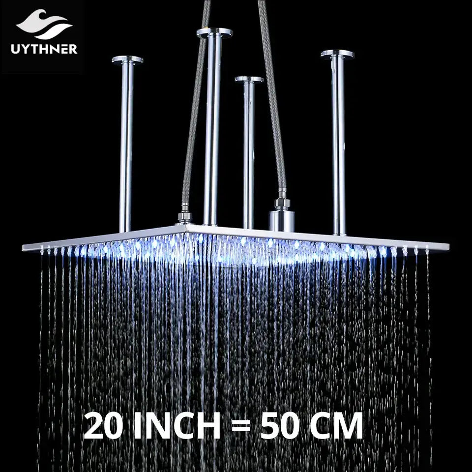 Modern chrome led rain shower head with multiple vertical spouts and blue leds for a sleek bathroom ceiling sprayer