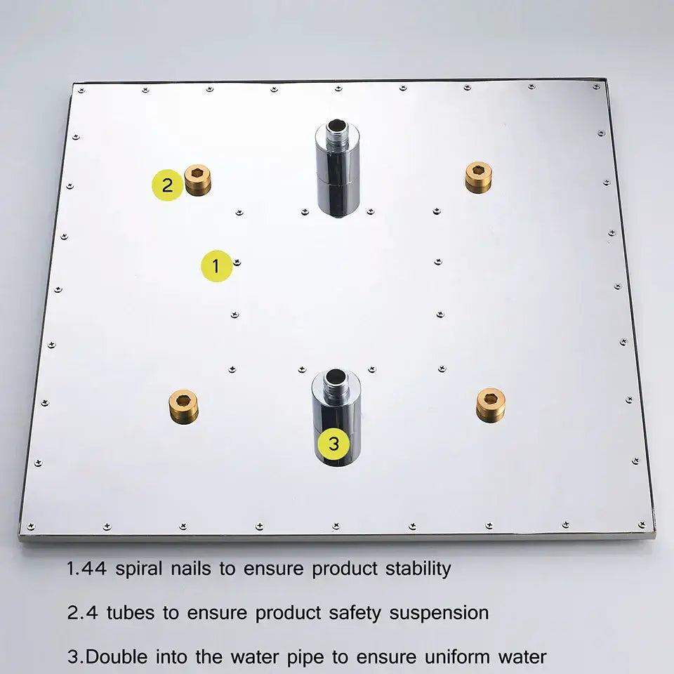 Modern chrome led rain shower head panel with brass fittings and chrome tubes for bathroom ceiling rain shower use