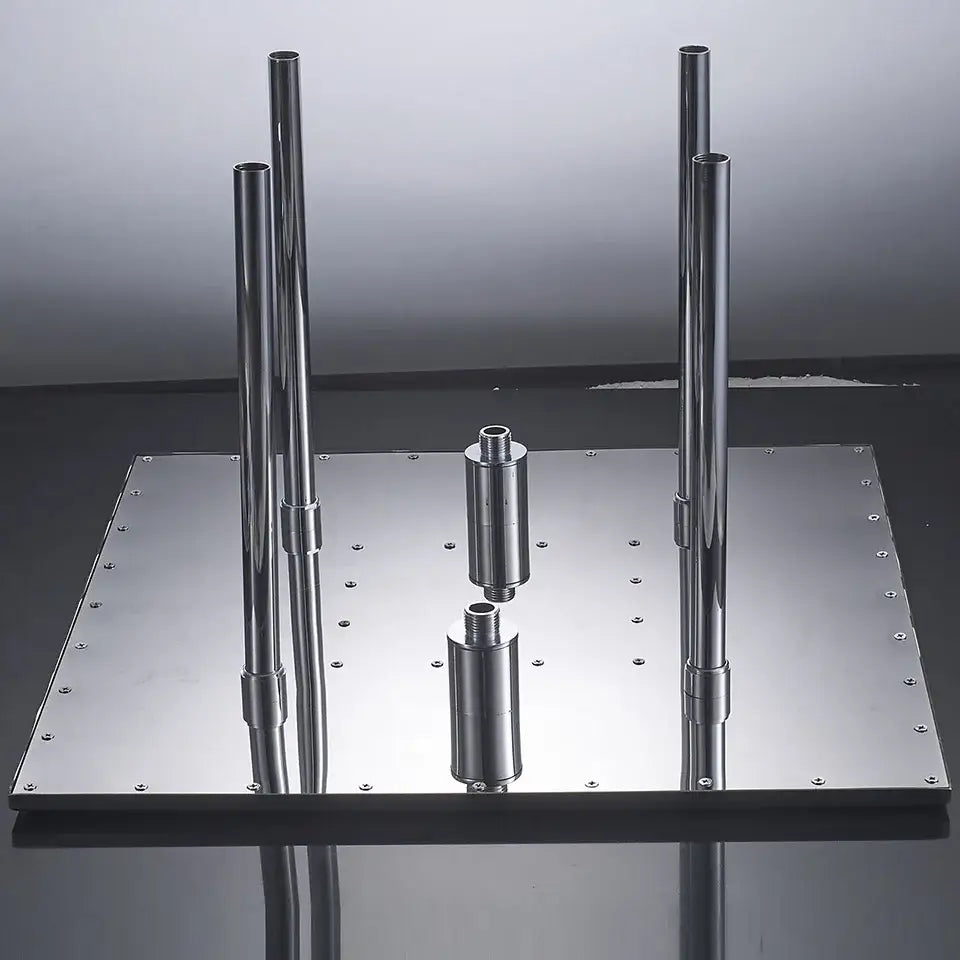Modern chrome led rain shower head with metal stand featuring four vertical rods and cylindrical components on reflective base