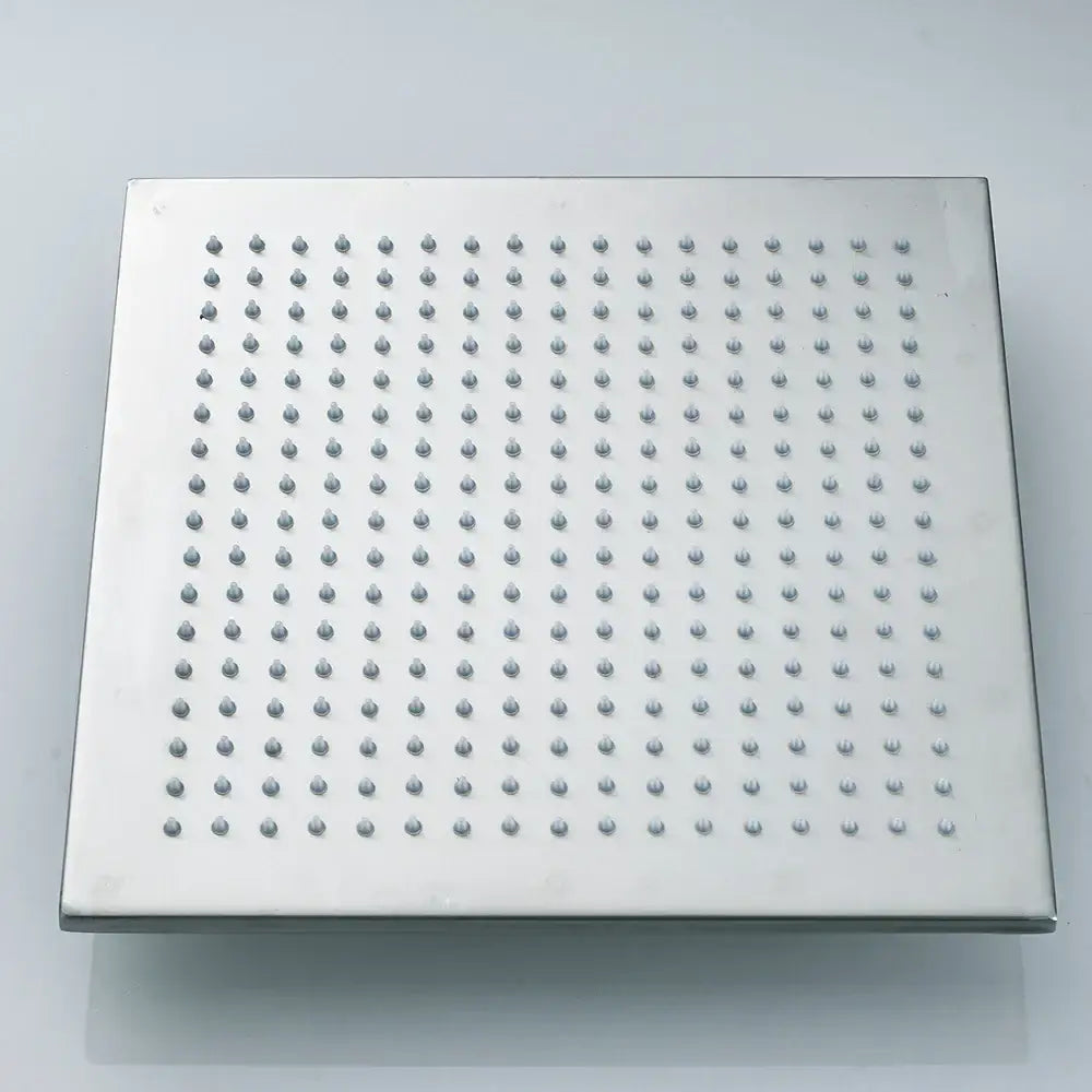 Square stainless steel rainfall shower head with evenly spaced rounded nozzles and modern chrome LED color changing light