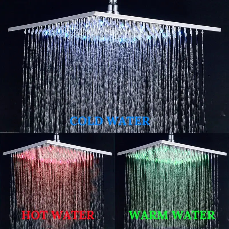 Modern chrome led rainfall shower head with square chrome finish crystal droplet accents and color changing light