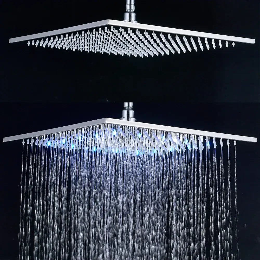 Modern chrome rainfall shower head with square design crystal droplets and blue led color changing light