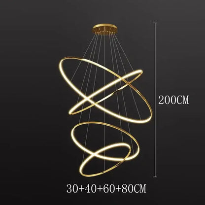 Modern gold-toned pendant light with three interlocking rings and led bulbs for living room lighting under square meters