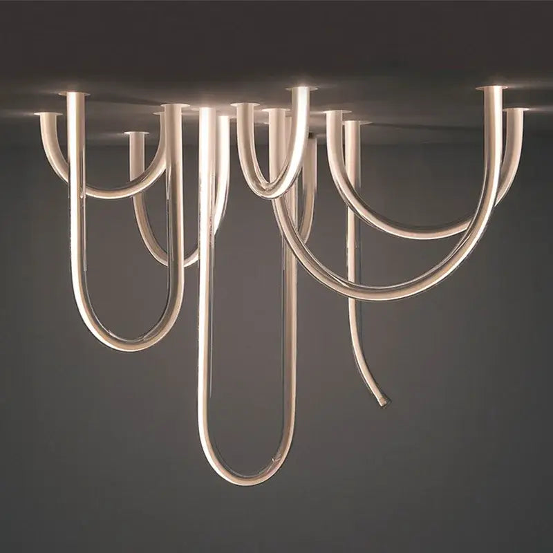 Modern chrome led u shape chandelier pendant lamp with sleek curved u shaped arms for dining room lighting
