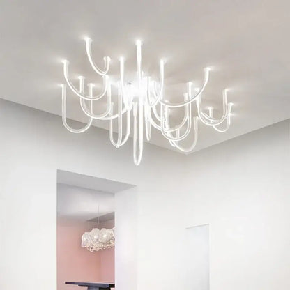 Modern chrome led u shape pendant lamp with translucent white glass and curved arms for dining room lighting