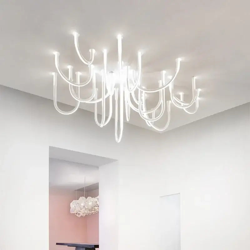 Modern chrome led u shape pendant lamp with translucent white glass and curved arms for dining room lighting