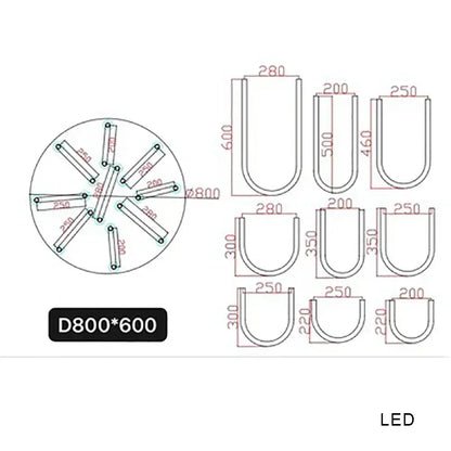 Modern chrome led u shape pendant lamp with circular design and multiple u-shaped mounting brackets for dining room