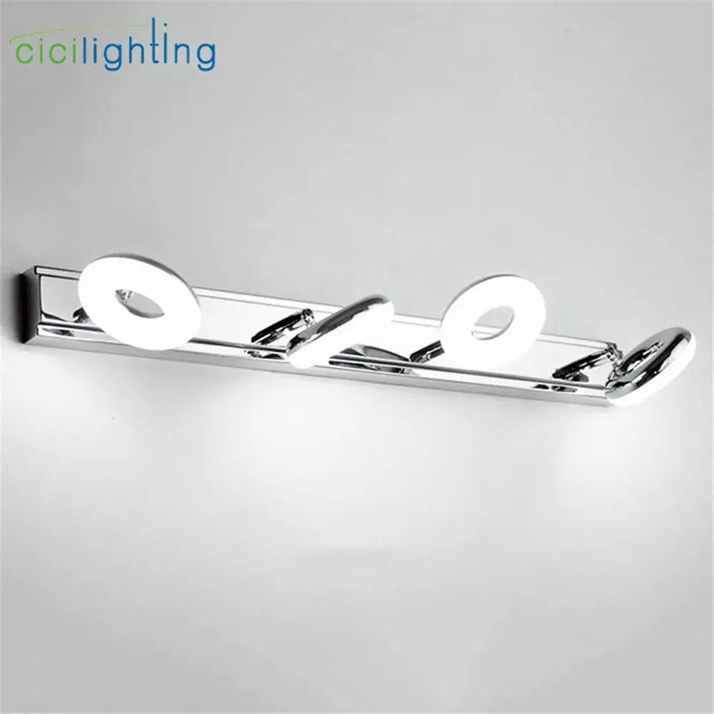 Modern chrome led vanity lamp with three circular illuminated elements for bathroom mirror lighting