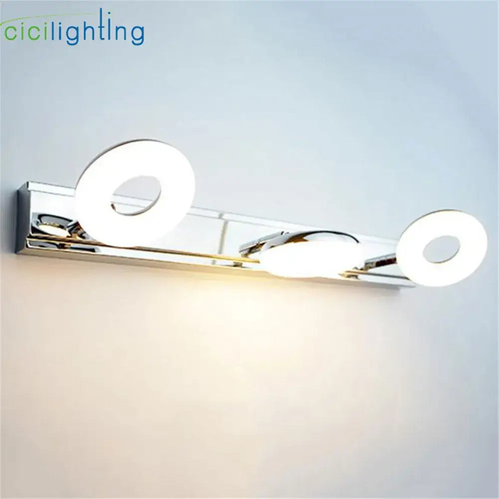 Modern chrome finished wall-mounted led vanity lamp with two circular bulbs for bathroom mirror lighting