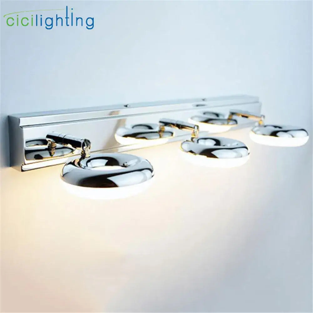 Modern chrome led vanity lamp with three adjustable circular heads for bathroom mirror lighting