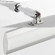 Silver metallic adjustable mounting bracket with polished chrome finish and screw-fastened base for modern chrome led vanity light fixture with maximum bulb wattage use