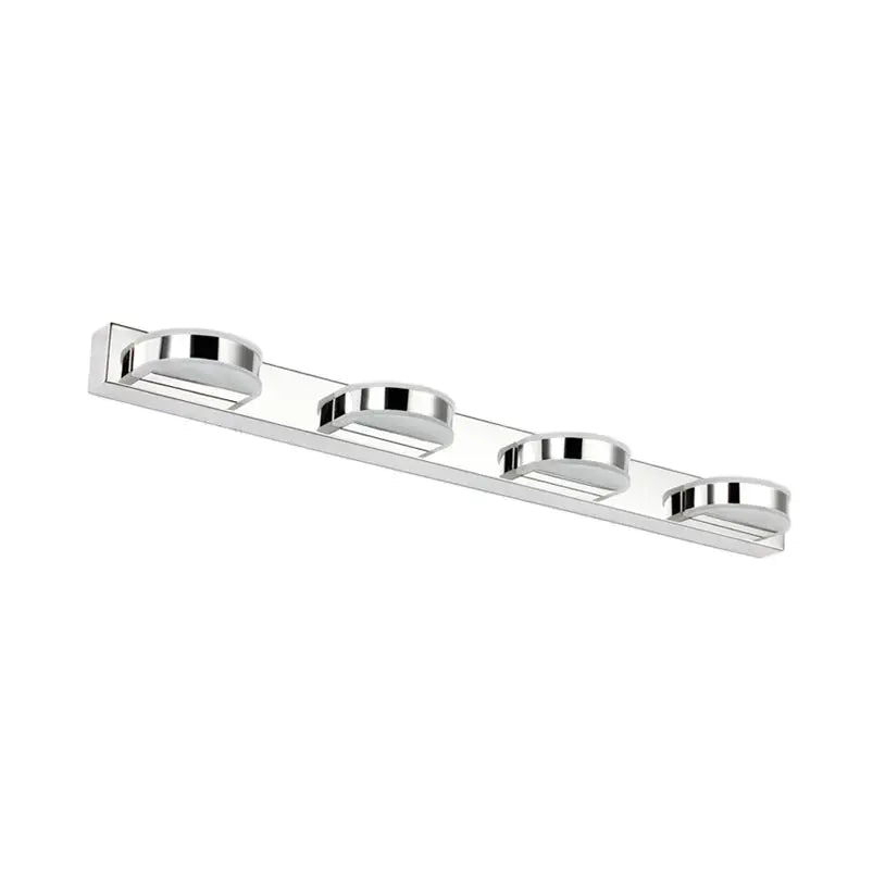 Modern chrome led vanity mirror light with four circular led bulbs in a sleek linear design for bathroom use