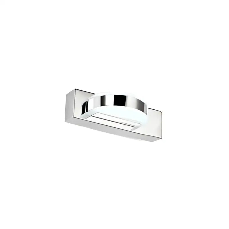 Modern chrome led vanity mirror light with sleek rectangular design and integrated curved LED panel for bathroom use