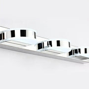 Modern chrome led vanity mirror light with sleek circular lamp heads and minimalist chrome and white design for bathroom use