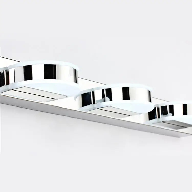 Modern chrome led vanity mirror light with sleek circular lamp heads and minimalist chrome and white design for bathroom use