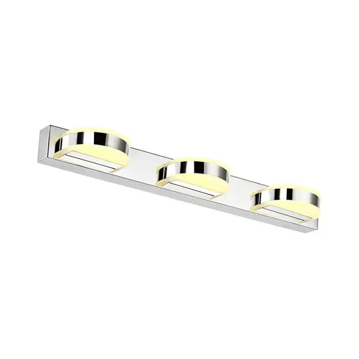 Modern chrome led vanity mirror light bathroom sconce with three circular led bulbs emitting warm yellow glow