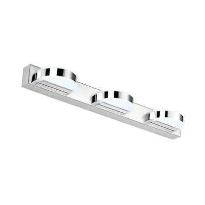 Modern chrome three-light vanity mirror light with frosted glass diffusers and sleek bathroom sconce design