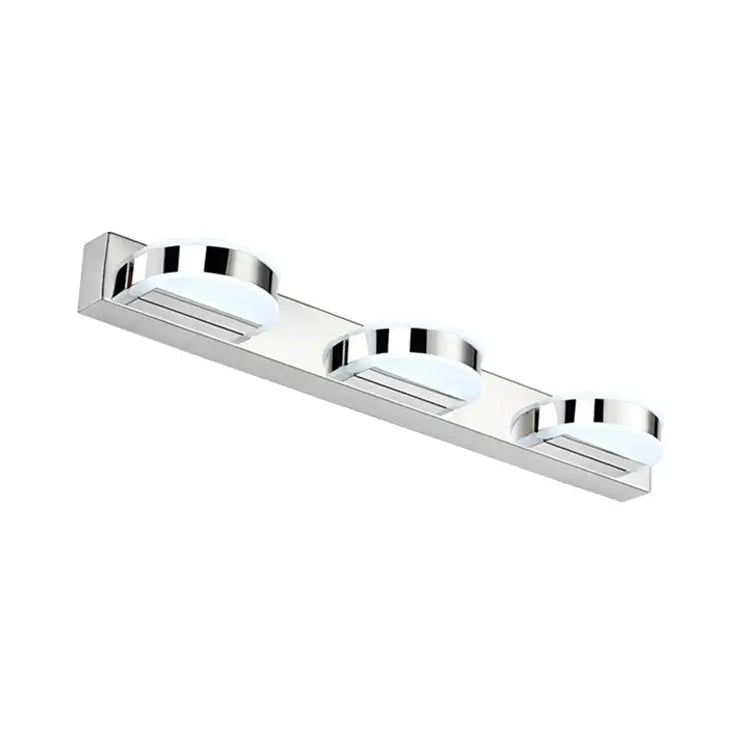 Modern chrome three-light vanity mirror light with frosted glass diffusers and sleek bathroom sconce design