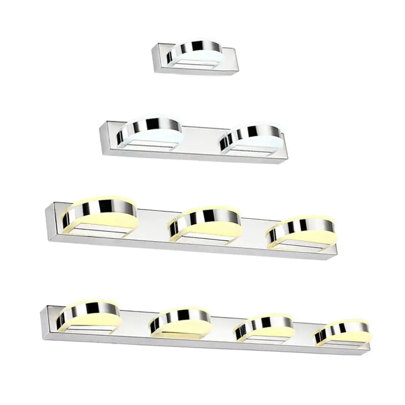 Modern chrome led vanity mirror light with sleek rectangular design and warm yellow illuminated panels for bathroom sconce
