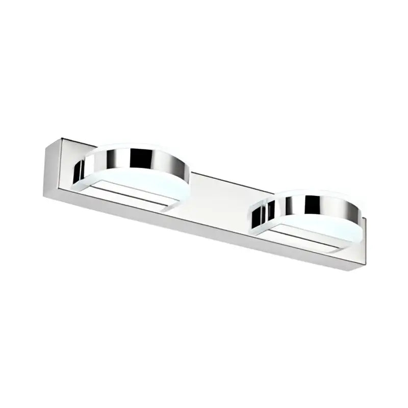 Modern chrome led vanity mirror light with two circular led fixtures for bathroom sconce use in chrome and white