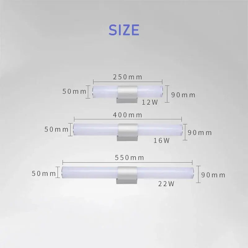 Three sleek modern chrome decorbites led wall light fixtures with frosted glass tubes for bathroom mirror use