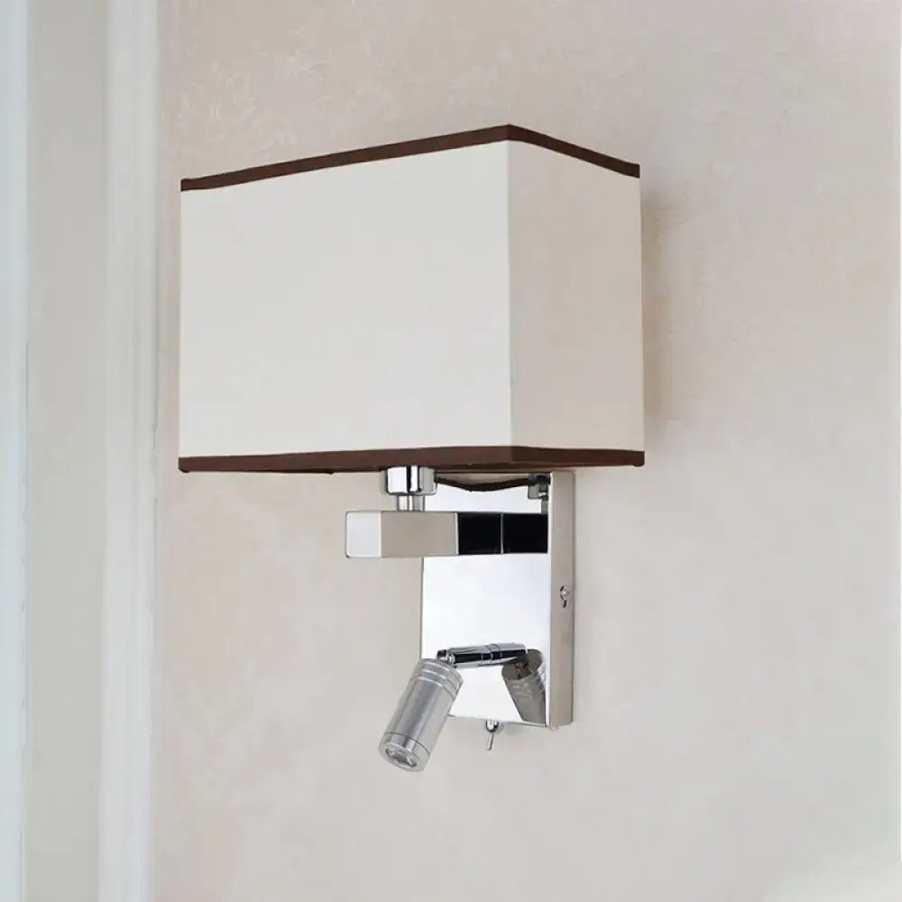 Modern chrome led wall sconce with rectangular off-white fabric shade and adjustable spotlight for bedroom reading