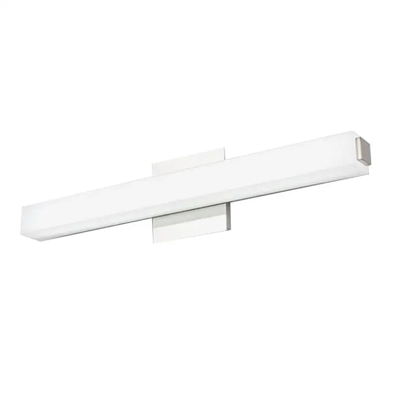 Modern white rectangular led wall sconce with sleek chrome accents providing warm white light for vanity use