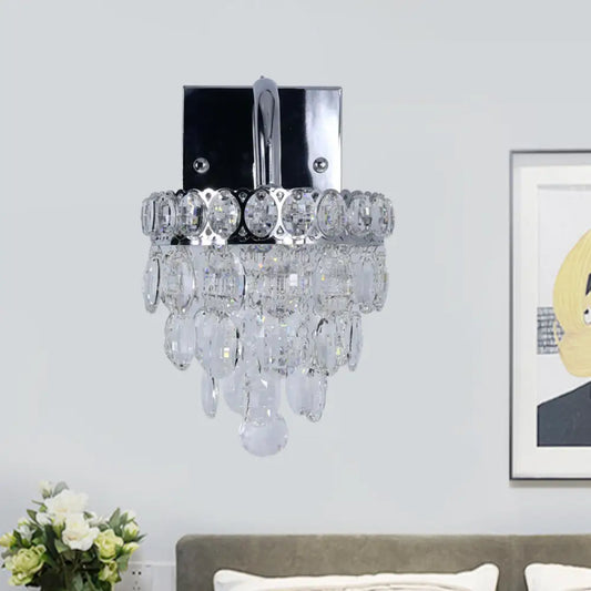 DecorBites™ DecorBites™ Modern Chrome LED Wall Sconce with Fringe, Faceted Crystal, and Scroll Arm