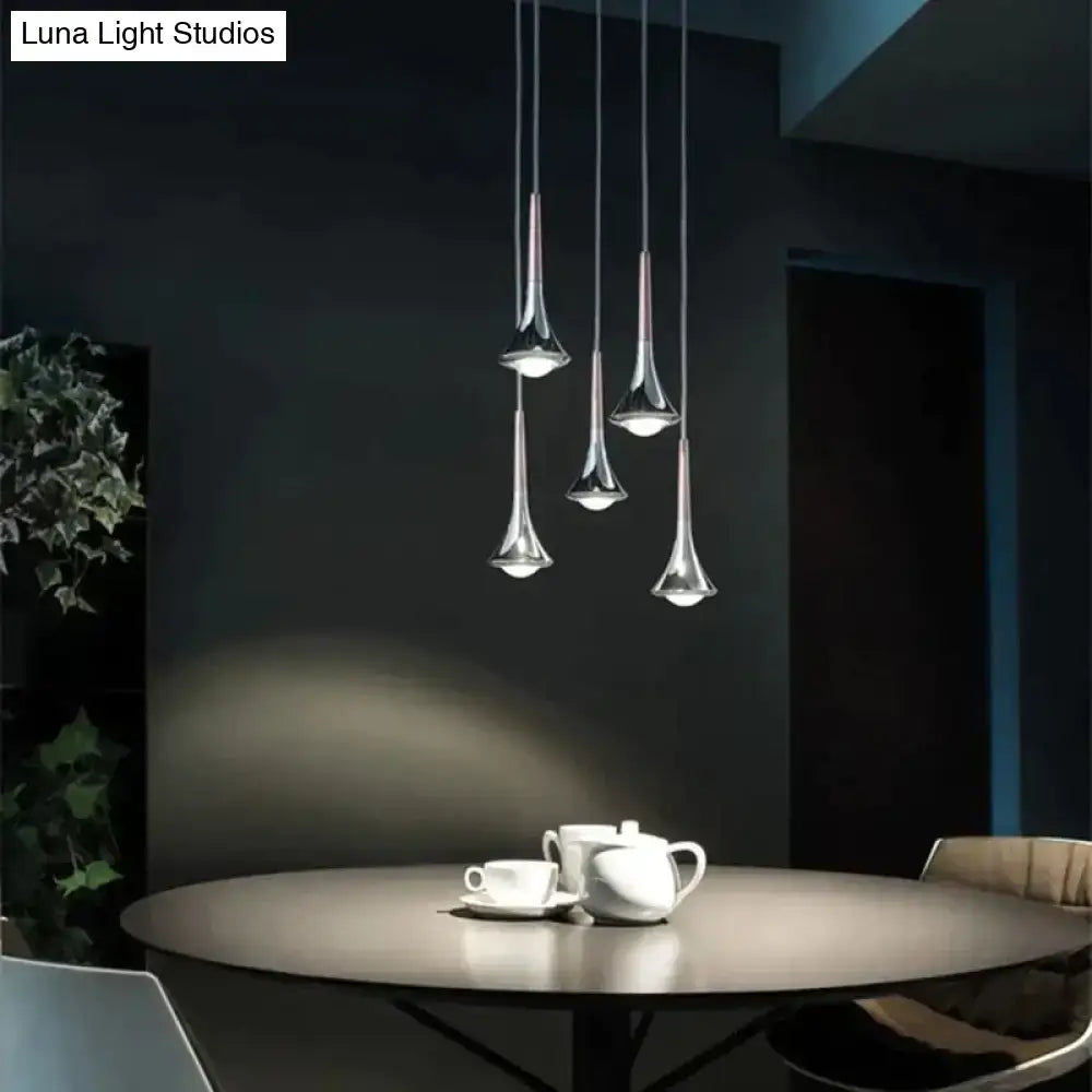 Modern chrome-finished led water drop chandelier with sleek trumpet-shaped pendant lights by decorbites lyra