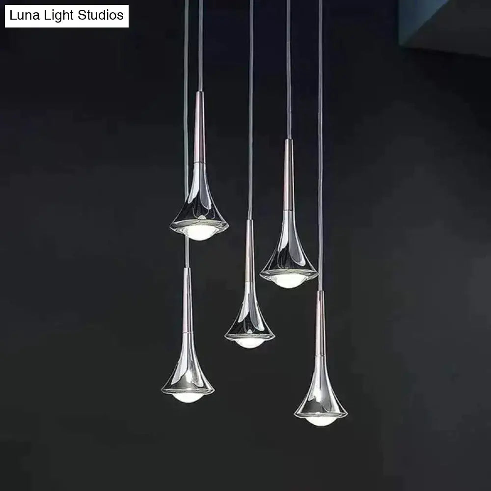 Modern chrome-finished decorbites lyra led water drop chandelier with sleek trumpet-shaped glass shades