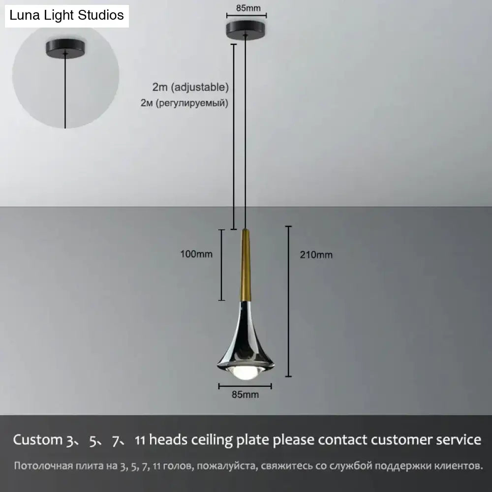 Modern black and gold led water drop chandelier with sleek trumpet-shaped pendant light by DecorBites™ Lyra