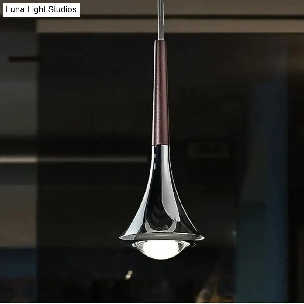 DecorBites lyra led water drop chandelier with sleek chrome finish and dark brown wooden accent trumpet design