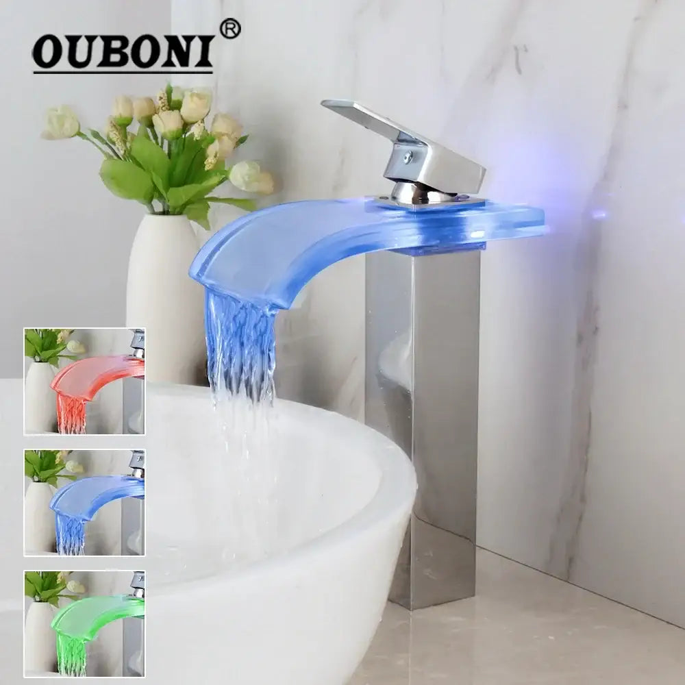 Modern chrome led waterfall basin mixer by ouboni with blue translucent faucet and sleek chrome finish for bathroom decorbites led waterfall