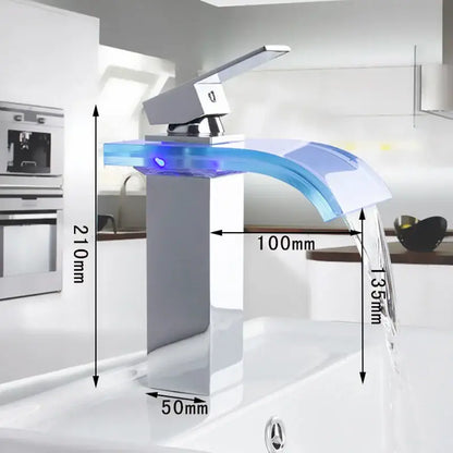Modern chrome led waterfall basin mixer with translucent blue glass spout and led lighting for bathroom decorbites led waterfall
