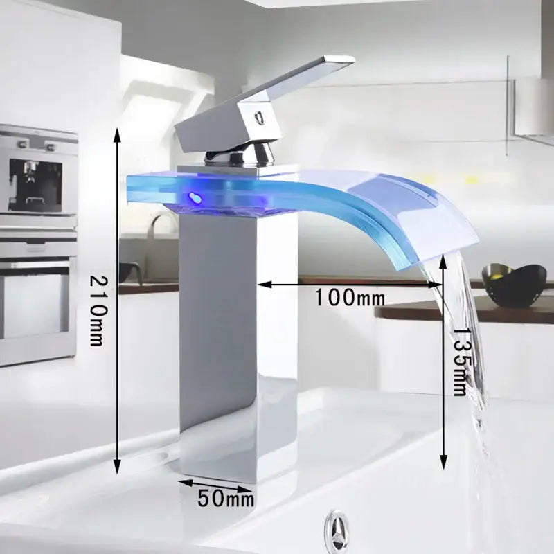 Modern chrome led waterfall basin mixer with translucent blue glass spout and led lighting for bathroom decorbites led waterfall
