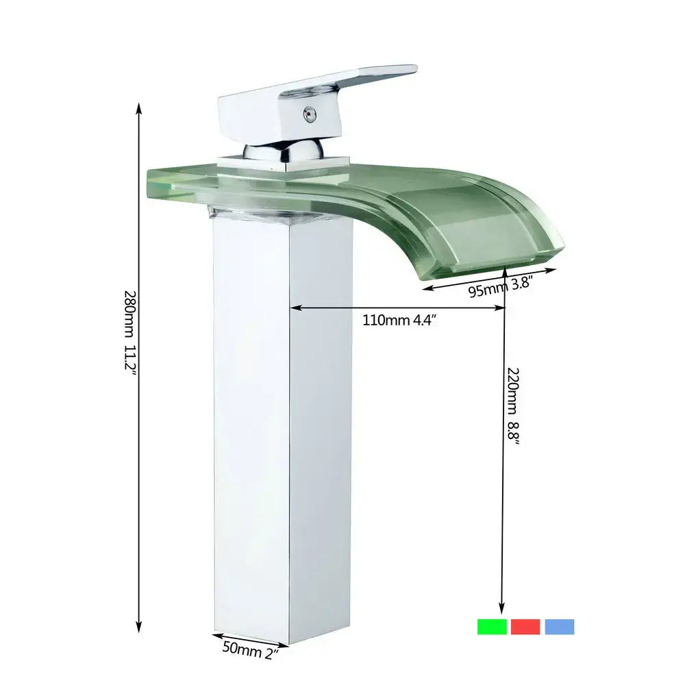 Modern chrome led waterfall basin mixer with translucent green glass spout for decorbites led waterfall bathroom sink tap