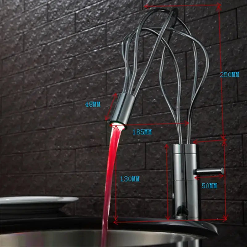 Modern chrome led waterfall bathroom faucet with red led lighting and distinctive whisk-like spout by decorbites led waterfall