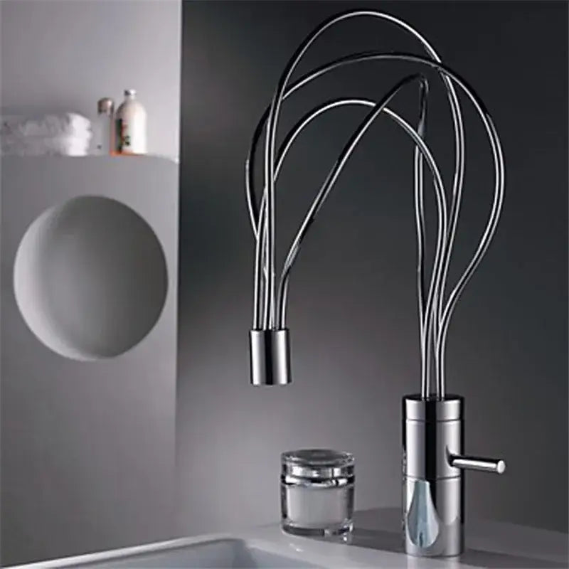 Modern chrome led waterfall bathroom faucet with sculptural curved spouts and blue light stream by decorbites led waterfall