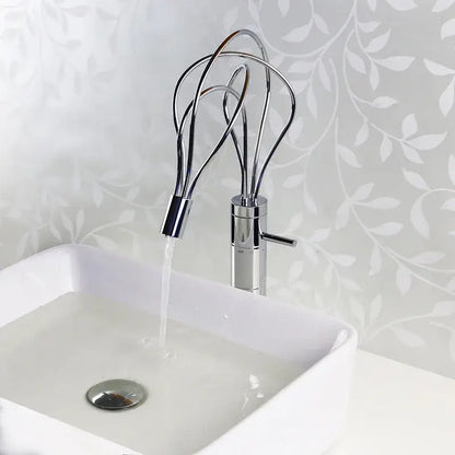 Modern chrome led waterfall bathroom faucet with blue light stream and distinctive whisk-like spout design by decorbites led waterfall